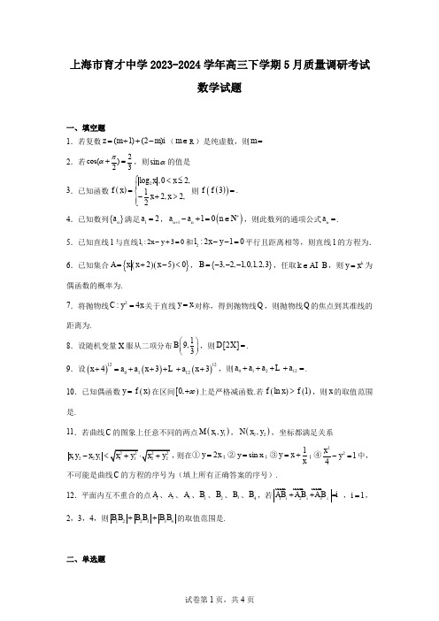 上海市育才中学2023-2024学年高三下学期5月质量调研考试数学试题