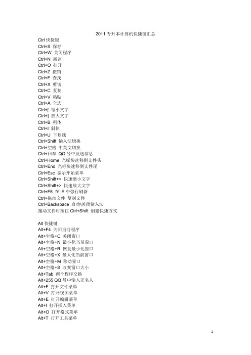 2011年专升本计算机快捷键汇总