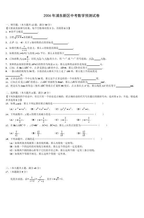 2006年浦东新区中考数学预测试卷