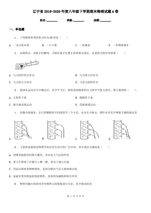 辽宁省2019-2020年度八年级下学期期末物理试题A卷