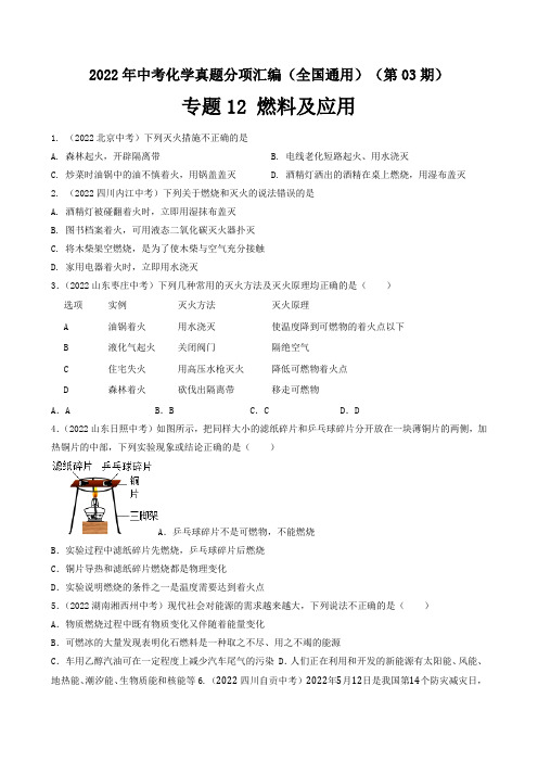 2022年全国中考化学真题分项汇编专题12 燃料及其利用(原卷版)