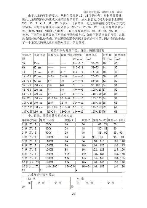 婴儿儿童服装尺码、身高、衣长对照表及计算表