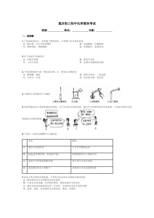 重庆初三初中化学期末考试带答案解析