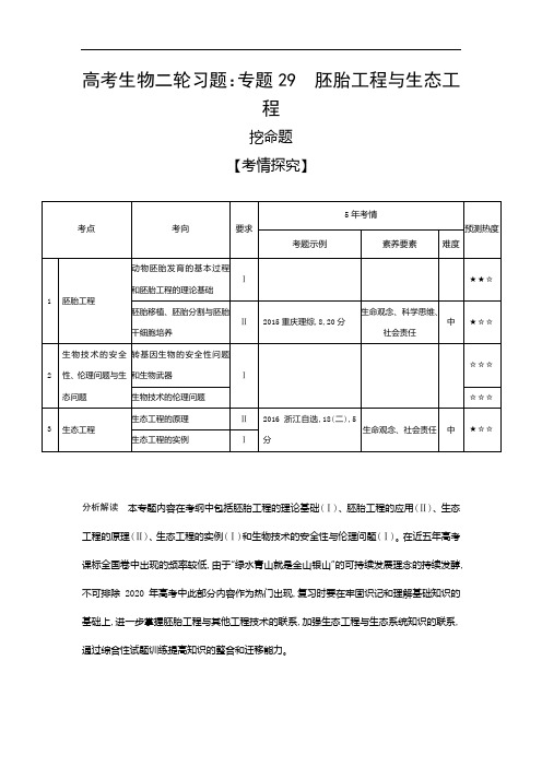 2019届高考生物二轮习题：专题(29)胚胎工程与生态工程(含答案解析)