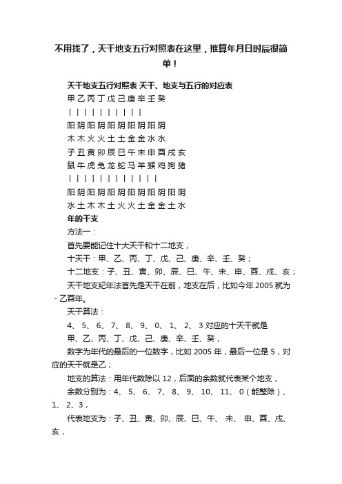 不用找了，天干地支五行对照表在这里，推算年月日时辰很简单！