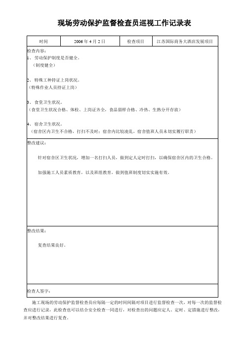 模板现场劳动保护监督检查员巡视工作记录