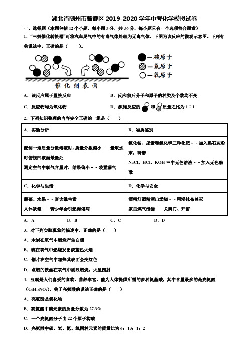 【附20套中考模拟试卷】湖北省随州市曾都区2019-2020学年中考化学模拟试卷含解析