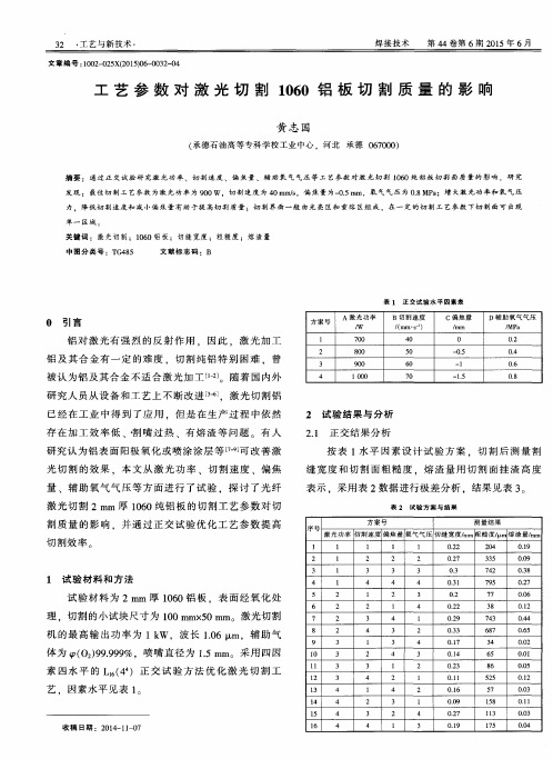 工艺参数对激光切割1060铝板切割质量的影响