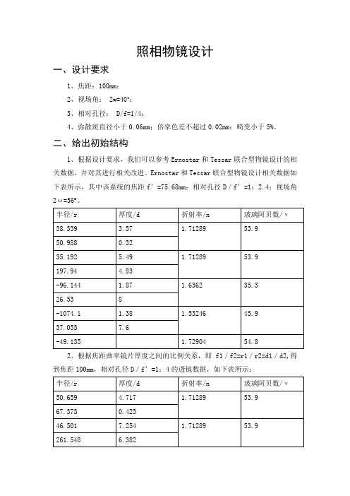 照相物镜设计：焦距100mm 视场角40