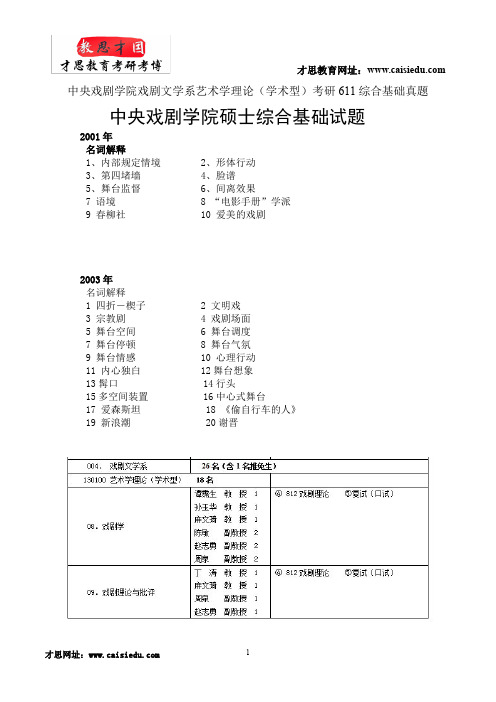 中央戏剧学院戏剧文学系艺术学理论(学术型)考研611综合基础真题