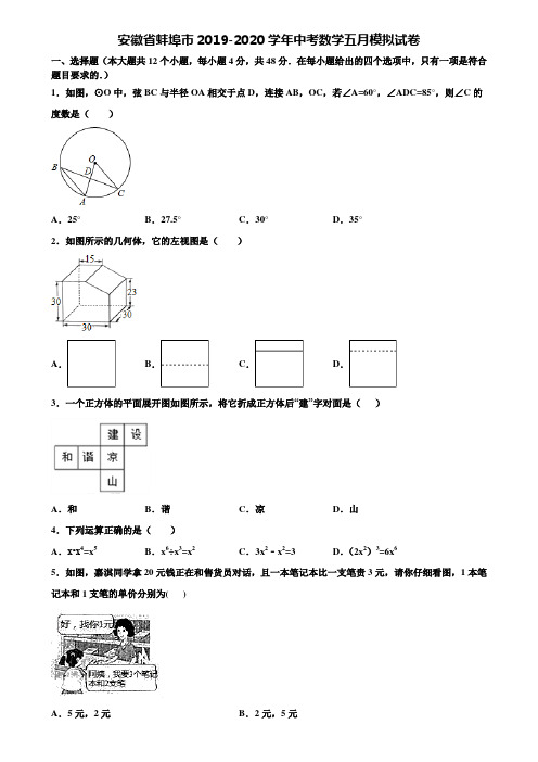 安徽省蚌埠市2019-2020学年中考数学五月模拟试卷含解析
