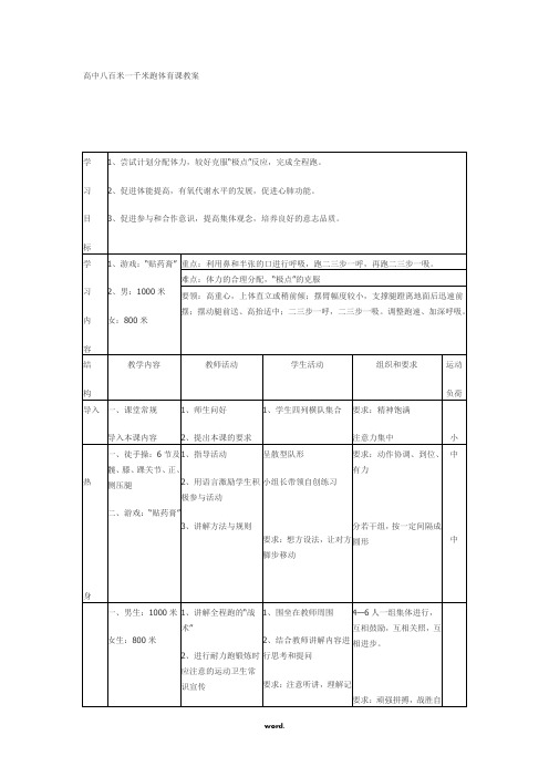 高中八百米一千米跑体育课教案(精选.)