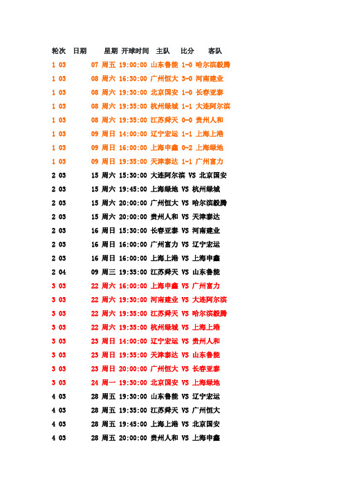 2014年中超赛程表