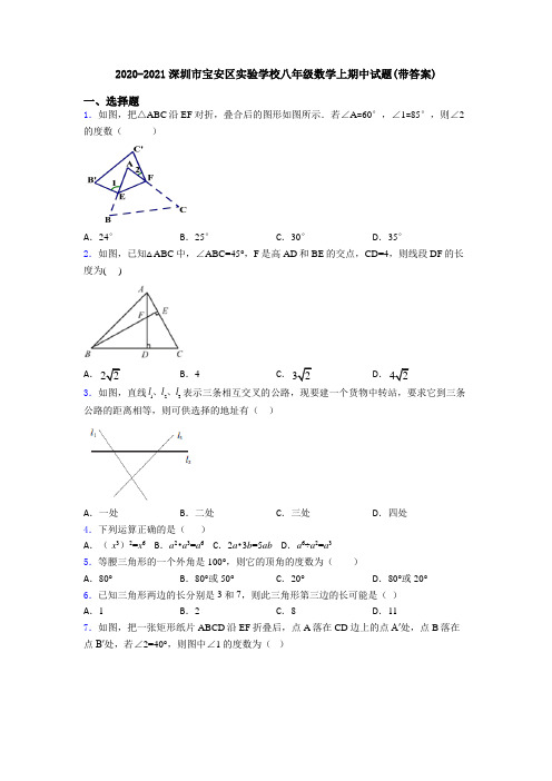 2020-2021深圳市宝安区实验学校八年级数学上期中试题(带答案)