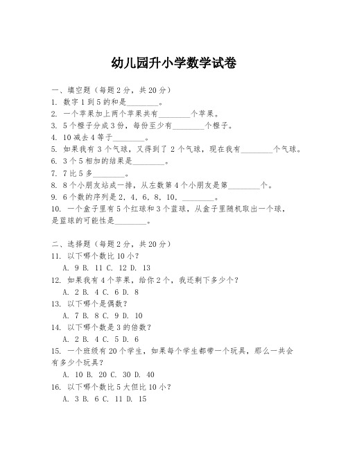 幼儿园升小学数学试卷