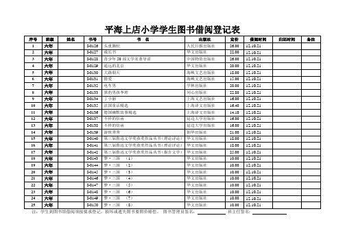 平海上店小学学生图书借阅登记表