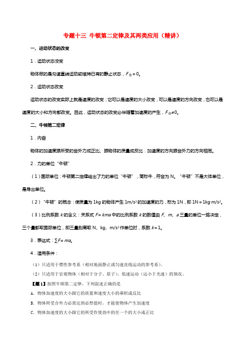 2021年高考物理双基冲破专题13牛顿第二定律及其两类应用精讲