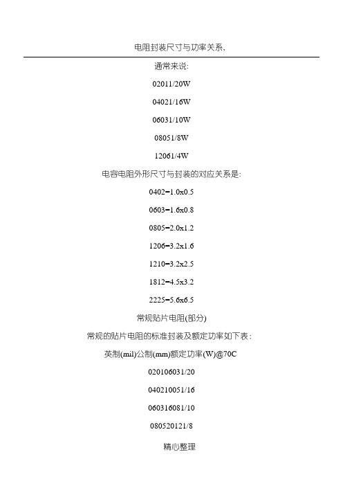 电阻封装尺寸与功率关系