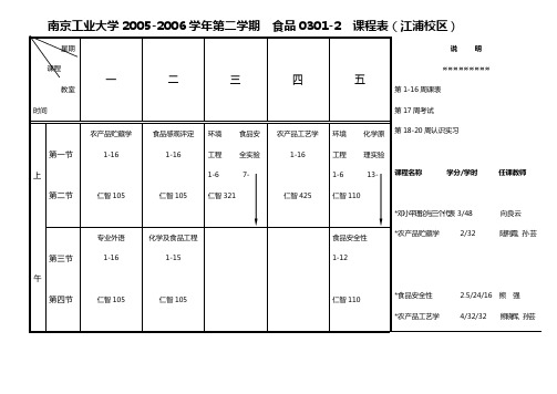 南京工业大学2005-2006学年第二学期食品0301-2课程表(