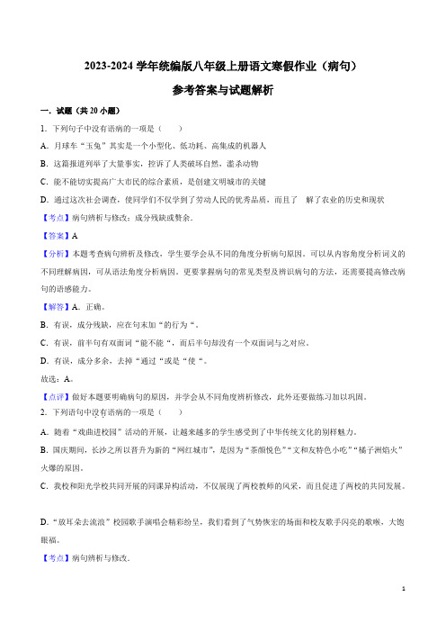 2023-2024学年八年级上册语文寒假作业专题练02寒假作业(病句)(解析版)