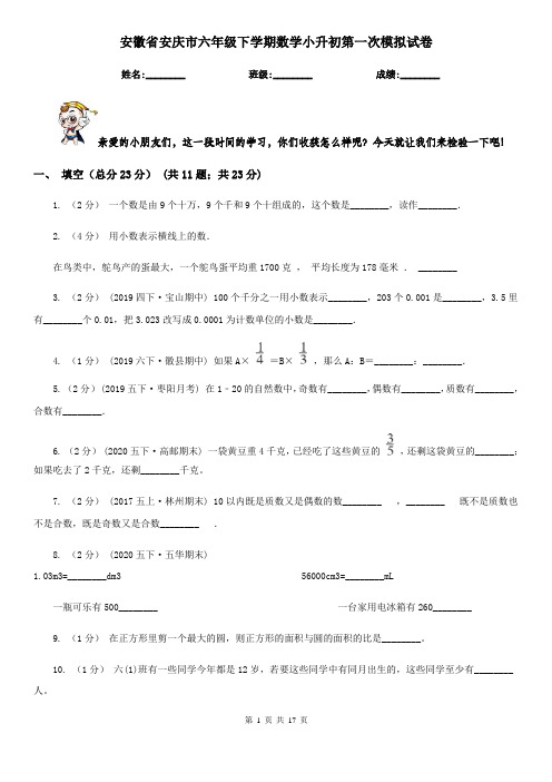 安徽省安庆市六年级下学期数学小升初第一次模拟试卷