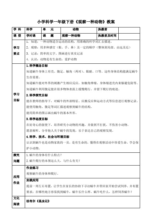 小学科学一年级下册《观察一种动物》教案