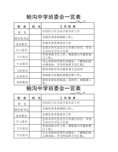 鲍沟中学班委会一览表