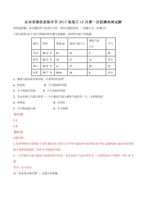 山东省潍坊实验中学2017届高三10月第一次检测地理(解析版)