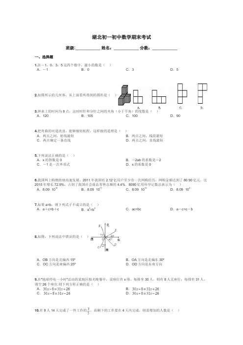 湖北初一初中数学期末考试带答案解析
