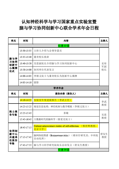 2013认知神经科学与学习国家重点实验室暨脑与学习协同创新中心联合学术年会日程