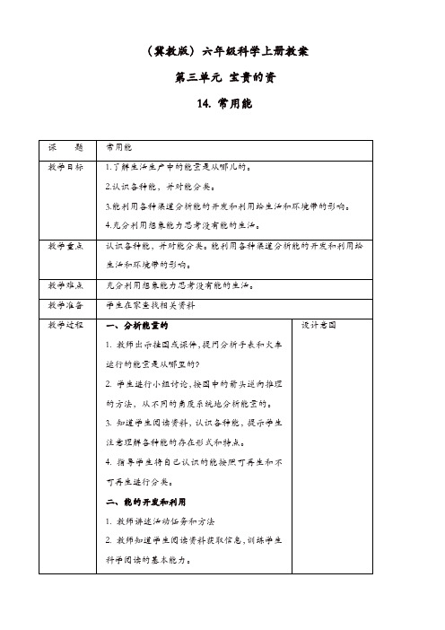 冀教小学科学六年级上册《14常用能源》教案【精品】