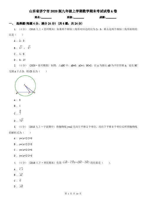 山东省济宁市2020版九年级上学期数学期末考试试卷A卷