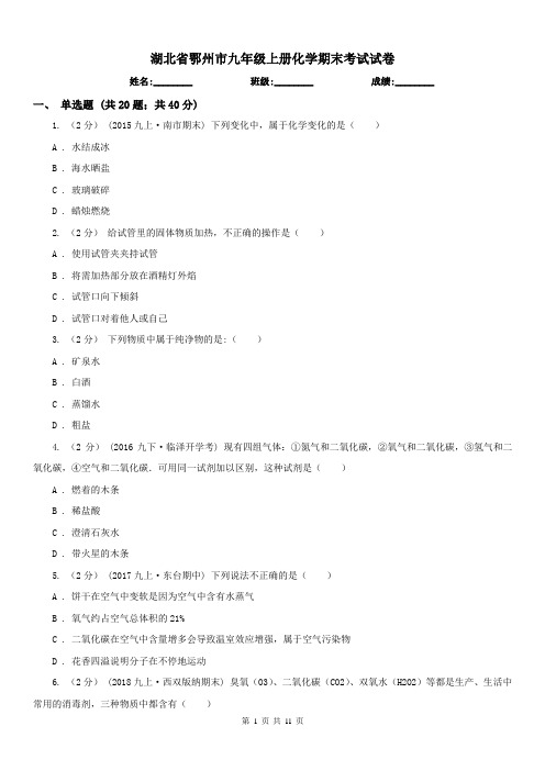 湖北省鄂州市九年级上册化学期末考试试卷