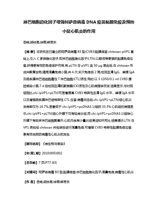 淋巴细胞趋化因子增强柯萨奇病毒DNA疫苗黏膜免疫及预防小鼠心肌炎的作用