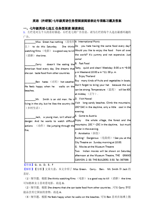 英语 (外研版)七年级英语任务型阅读阅读表达专项练习题及答案