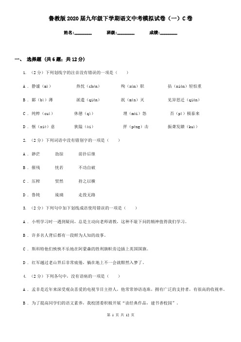 鲁教版2020届九年级下学期语文中考模拟试卷(一)C卷