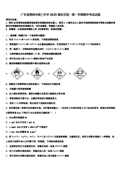 广东省惠州市第三中学2025届化学高一第一学期期中考试试题含解析