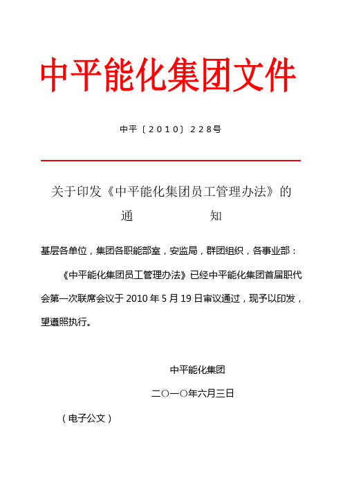 关于印发《中平能化集团员工管理办法》的通知(中平〔2010〕228号)