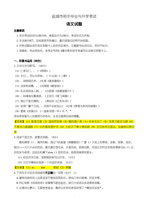 2020届中考模拟江苏省盐城市中考语文模拟试题(含参考答案)