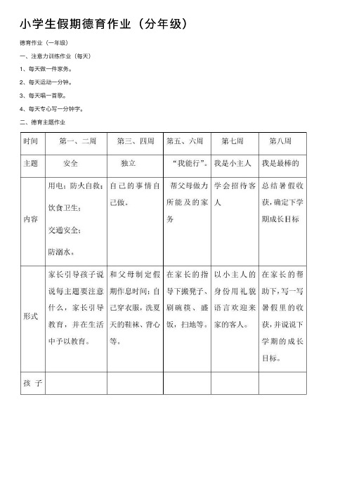 小学生假期德育作业（分年级）