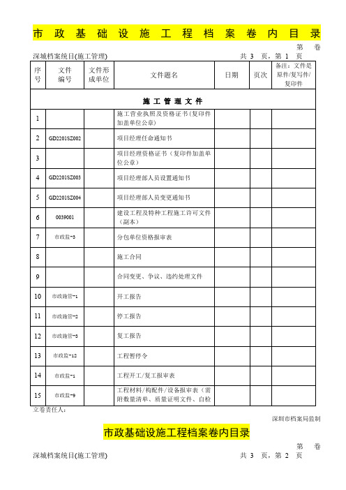 深圳市市政基础设施工程档案卷内目录(2012年)