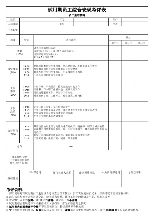 试用期员工综合表现考评表[空白模板]