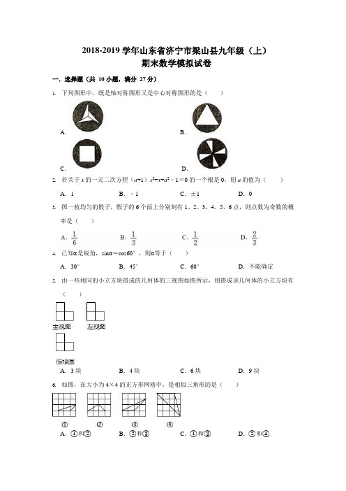 2018-2019学年山东省济宁市梁山县九年级(上)期末数学模拟试卷(WORD版解答)