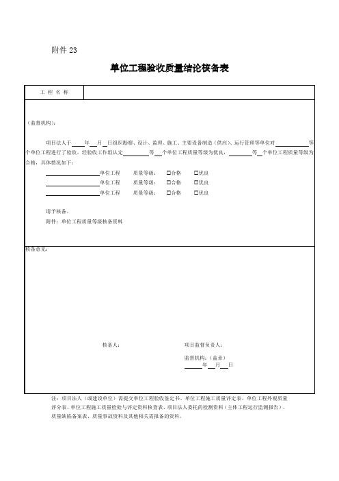 水利单位工程验收结论核备表