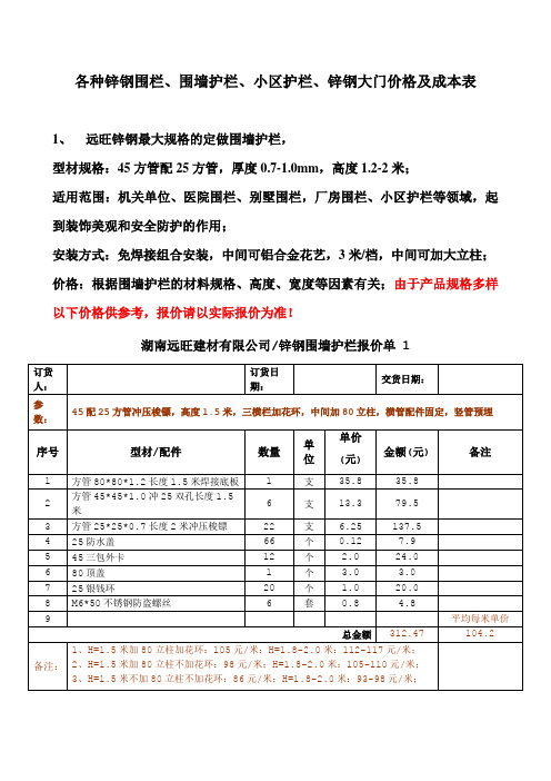 各种围墙护栏规格报价表(最新)