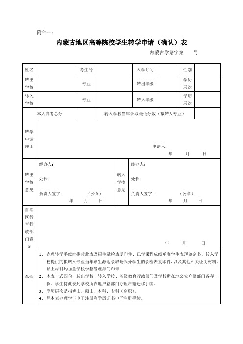 内蒙古地区高等院校学生转学申请(确认)表