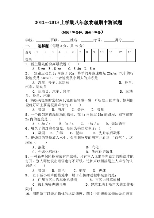 2012新人教版八年级物理期中试题