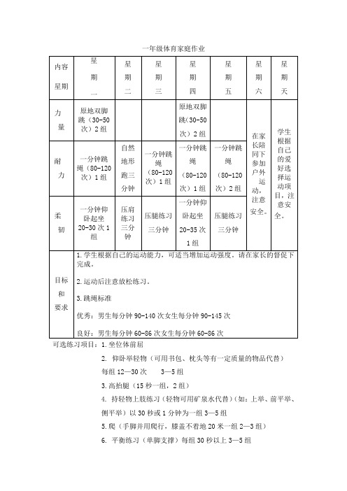 小学体育家庭作业