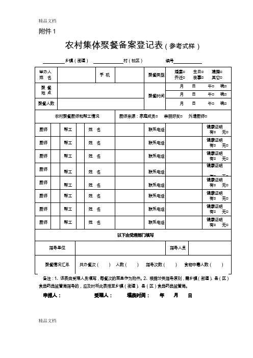 最新农村集体聚餐备案登记表资料