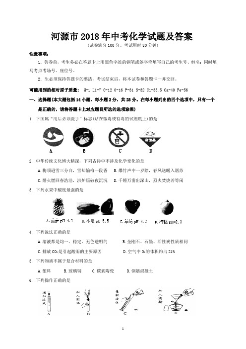 河源市2018年中考化学试题及答案